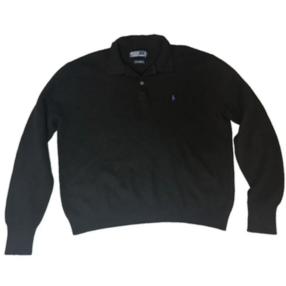 Polo Ralph Lauren Mens XL Black 100% Lambswool Knit Polo Sweater Pony Logo Flaw